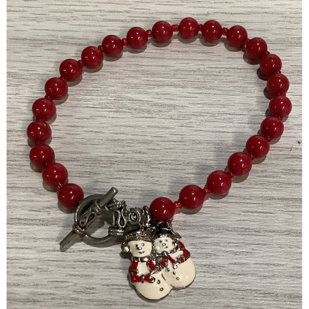 Silvertone Bracelet w/Red Beads Snowman Couple Charm Christmas‎